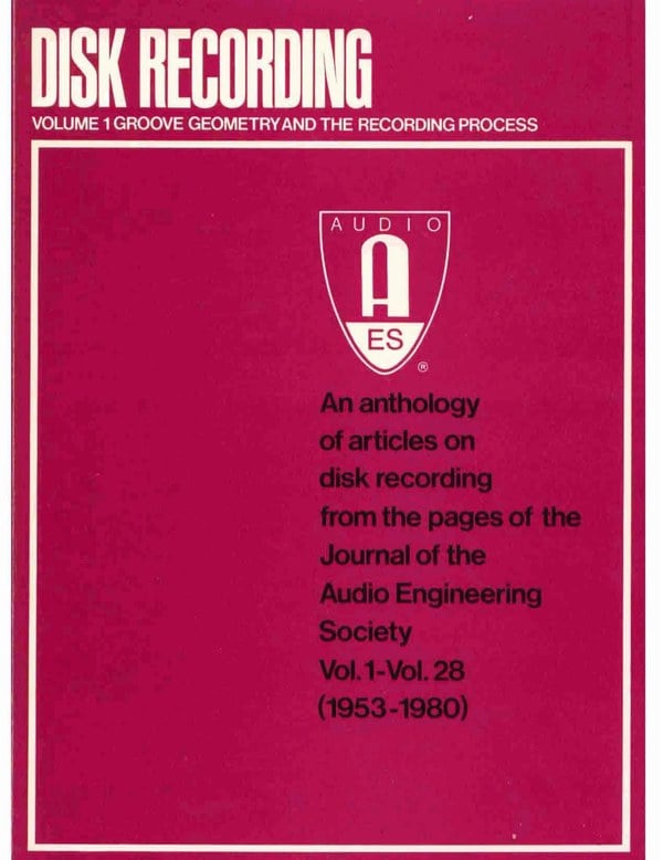 Cover of Disk Recording, Volume 1: Groove Geometry and the Recording Process, an AES anthology with a magenta cover and AES logo.