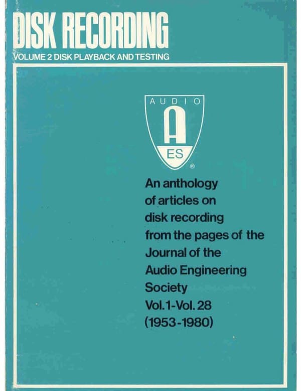 Cover of Disk Recording, Volume 2: Disk Playback and Testing, an AES anthology with a teal cover and AES logo.