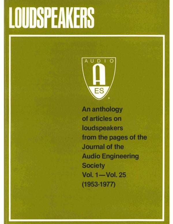 Cover of Loudspeakers, Volume 1, an AES anthology with an olive green cover and AES logo.