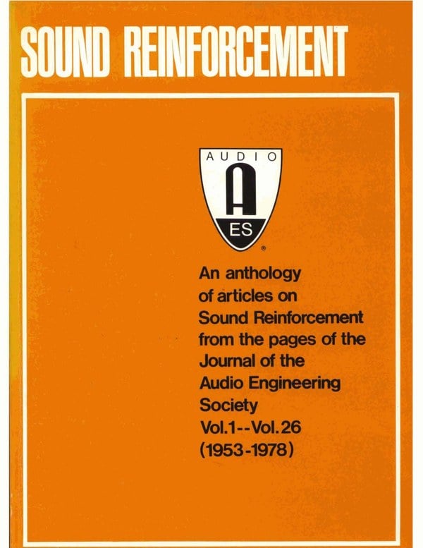 Cover of Sound Reinforcement, an AES anthology with an orange cover and AES logo.